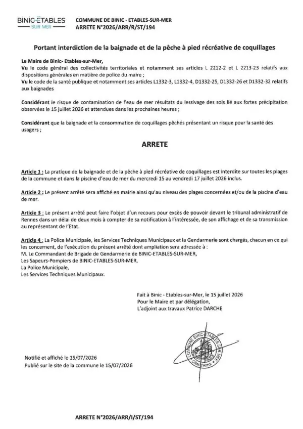 Image du document Arrêté n°2026_ARR_R_ST 194 portant interdiction de baignade et de pêche à pied sur les plages et piscine d&rsquo;eau de mer du 15 au 17 juillet 2026 inclus.